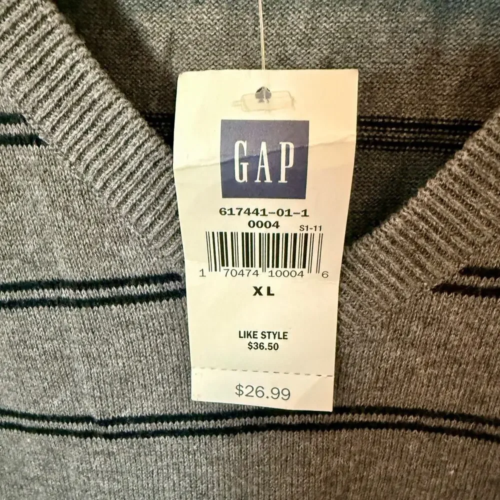 Gap Men’s Sweater Vest XL‎ Gray Striped V-Neck Pullover Knit NWT Preppy Golf